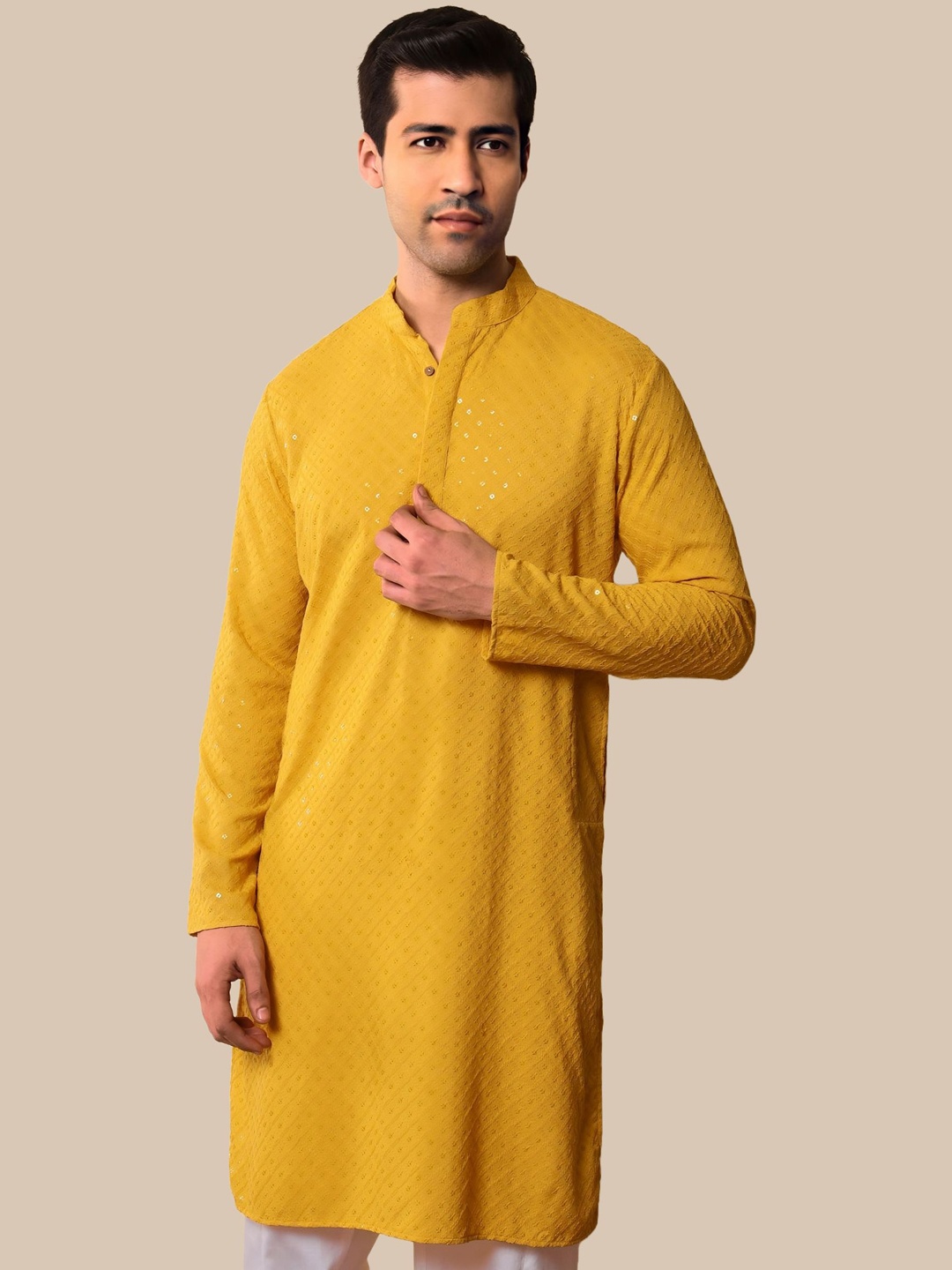 

BAESD Floral Embroidered Mirror Work Straight Kurta, Yellow