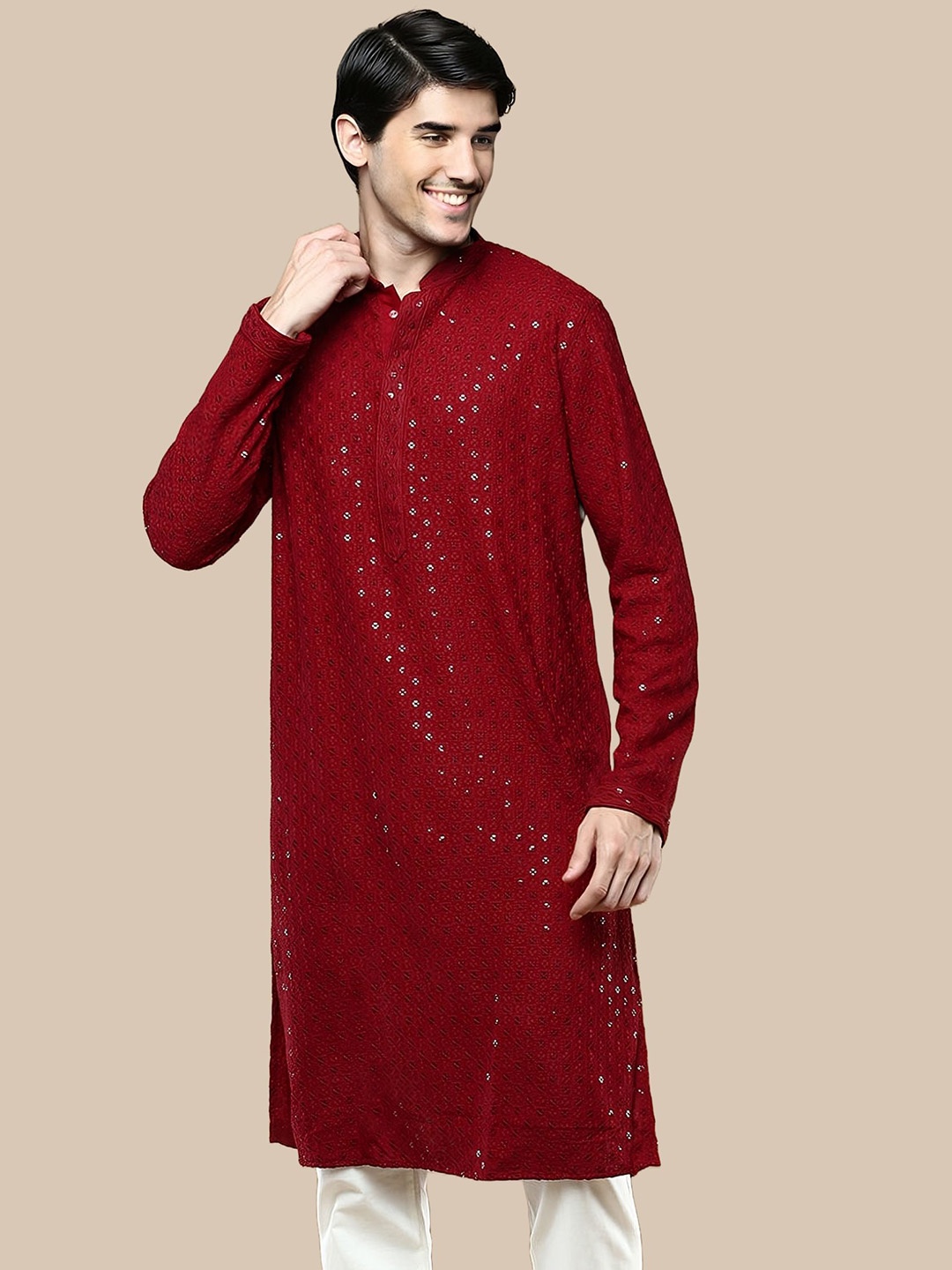 

BAESD Floral Embroidered Mandarin Collar Sequins Straight Kurta, Maroon