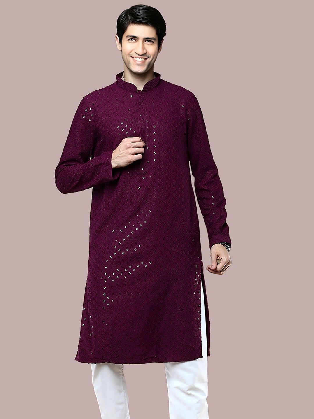 BAESD Geometric Embroidered Mandarin Collar Sequins Straight Kurta, Purple