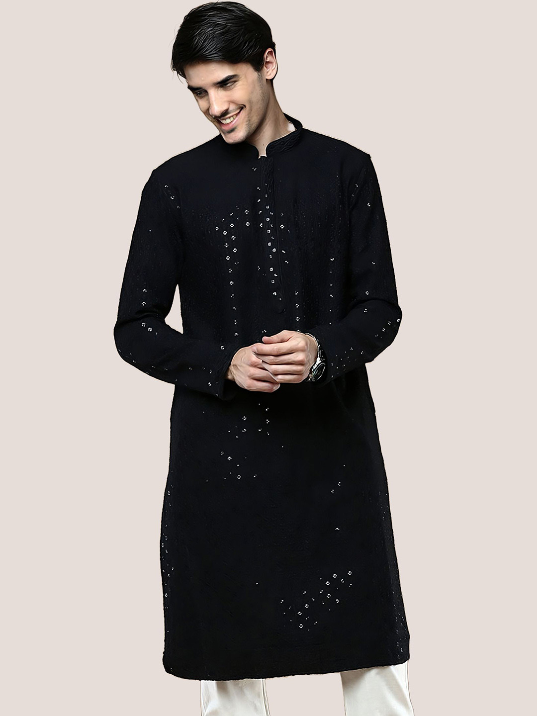 

BAESD Floral Embroidered Mirror Work Straight Kurta, Black