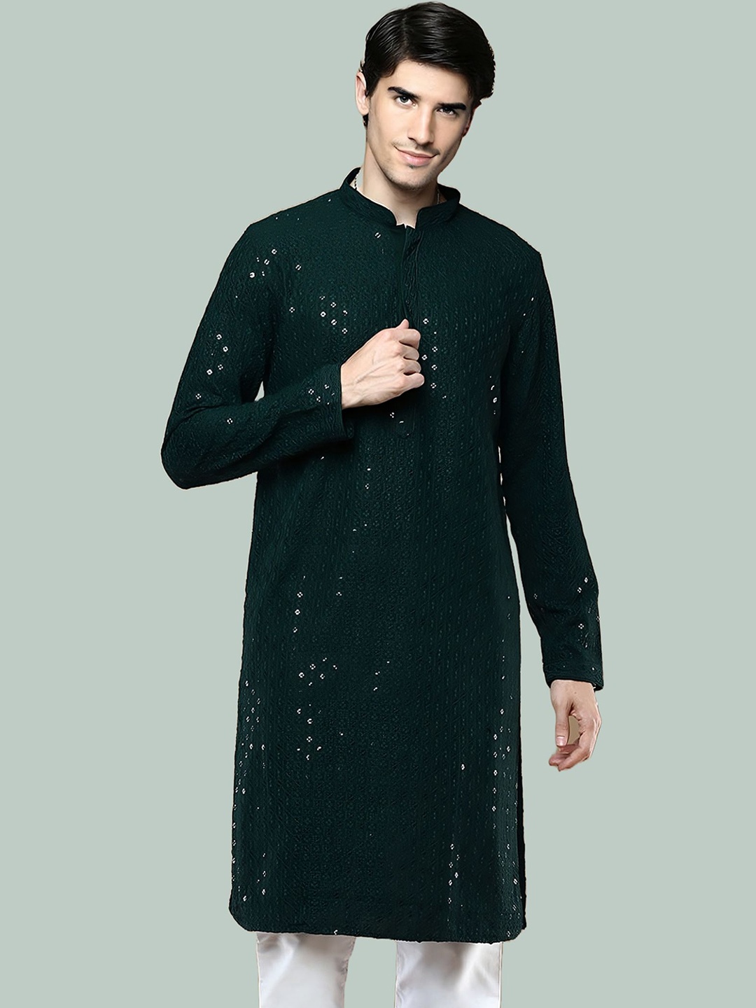 

BAESD Floral Embroidered Mirror Work Straight Kurta, Olive