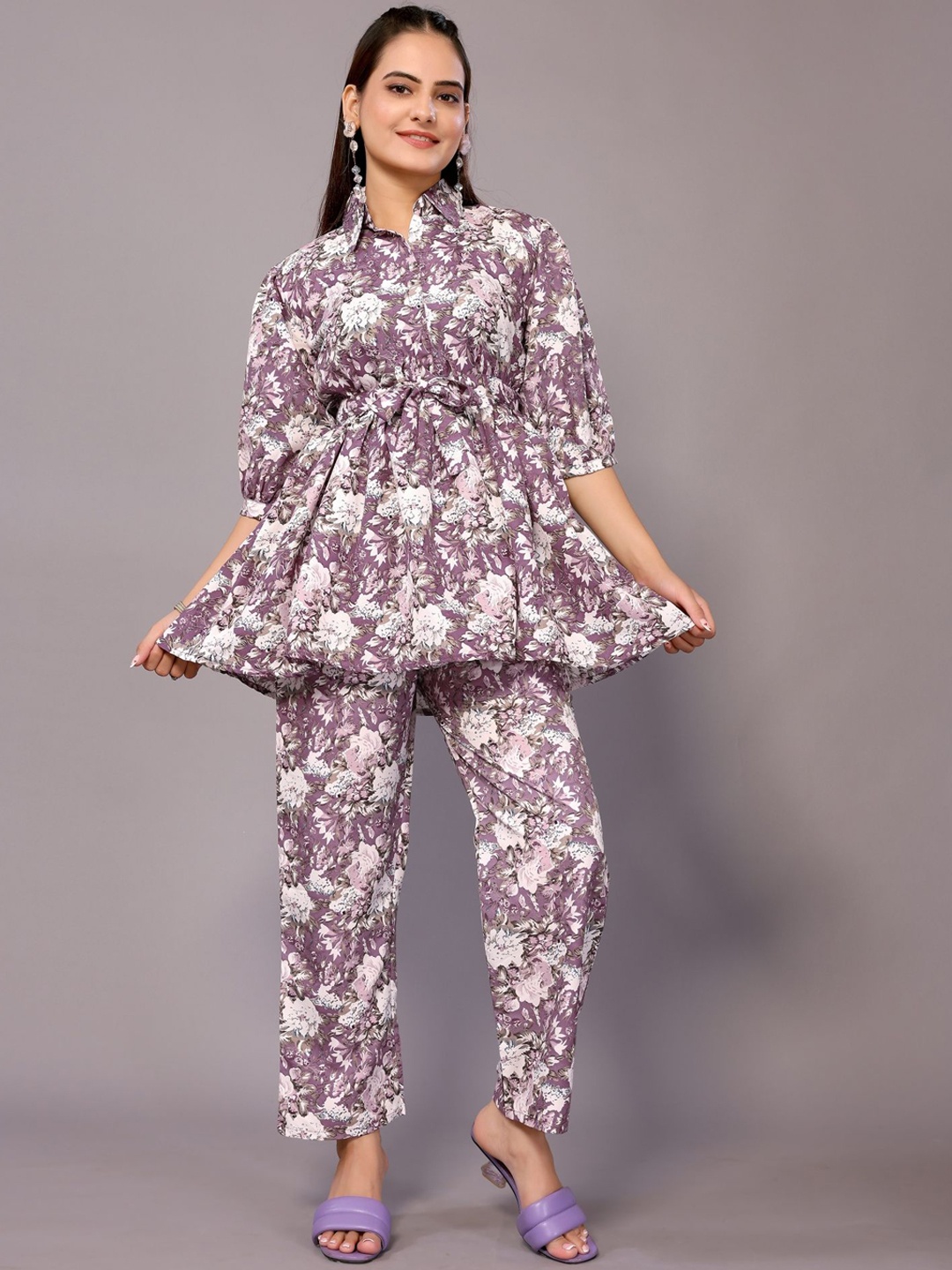 

vj fashion Floral Printed Shirt Collar Puffed Sleeves Top With Trousers, Lavender