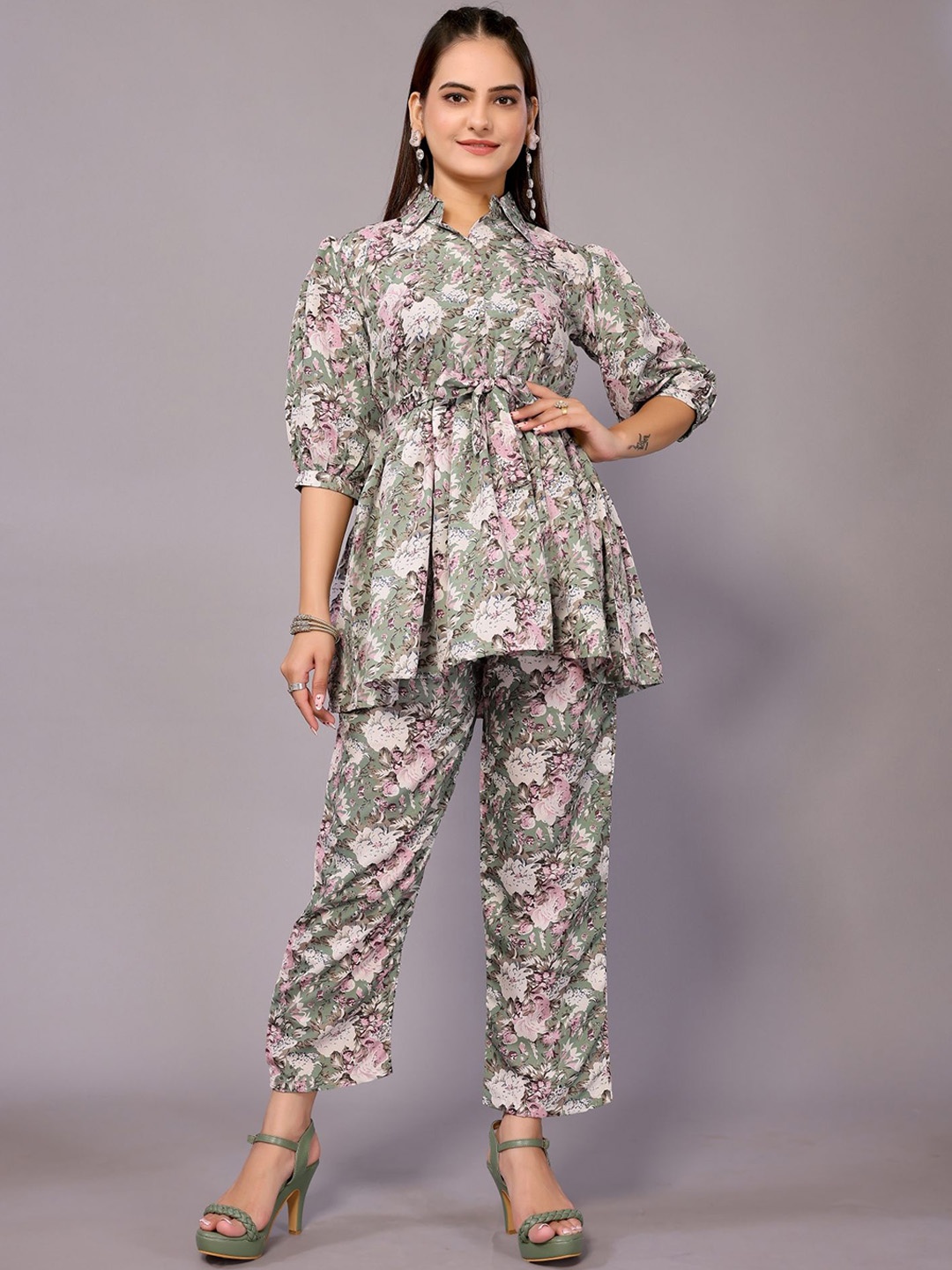 

vj fashion Floral Printed Shirt Collar Puffed Sleeves Top With Trousers, Green