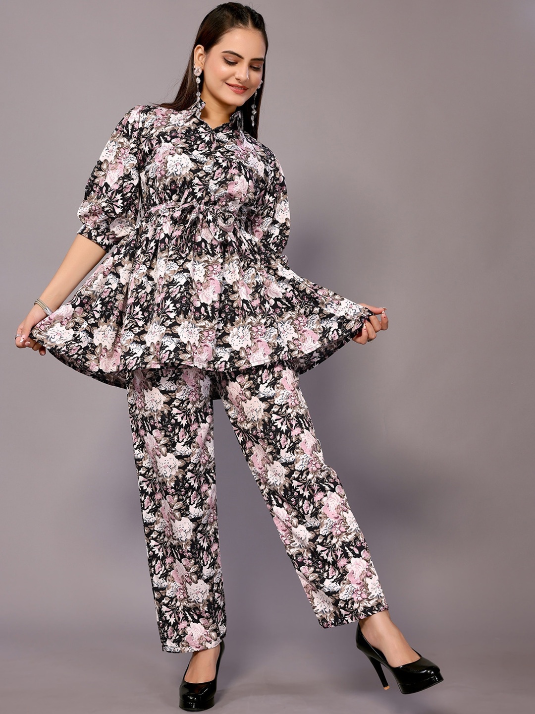 

vj fashion Floral Printed Shirt Collar Puffed Sleeves Top With Trousers, Black