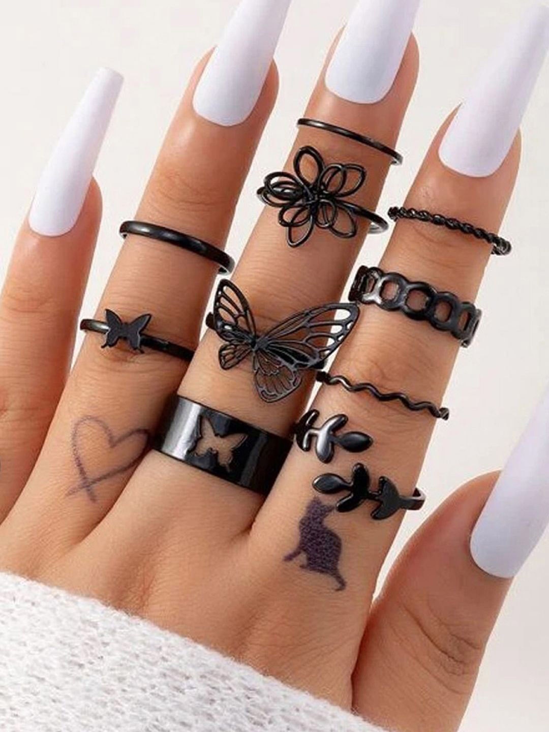 

Designs By JEWELS GALAXY Set of 10 Silver Plated Finger Rings, Black