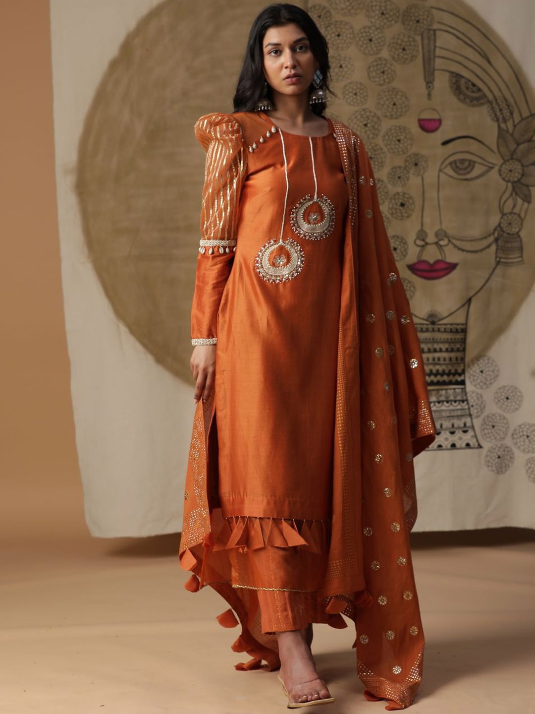 

ARPITA SULAKSHANA Ethnic Embroidered Round Neck Straight Kurta with Trousers & Dupatta, Orange