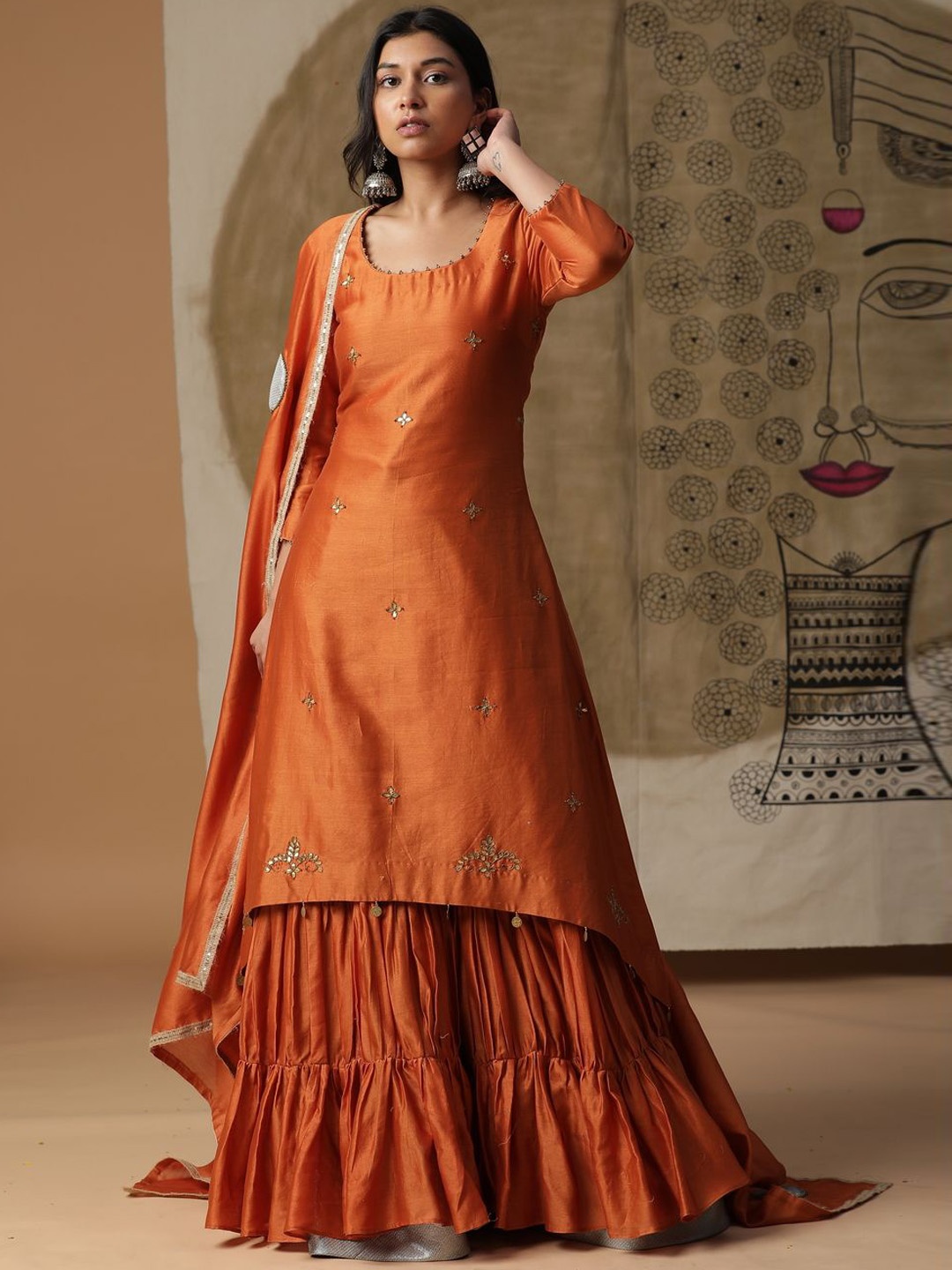 

ARPITA SULAKSHANA Floral Embroidered Chanderi Silk A-Line Kurta With Sharara & Dupatta, Orange