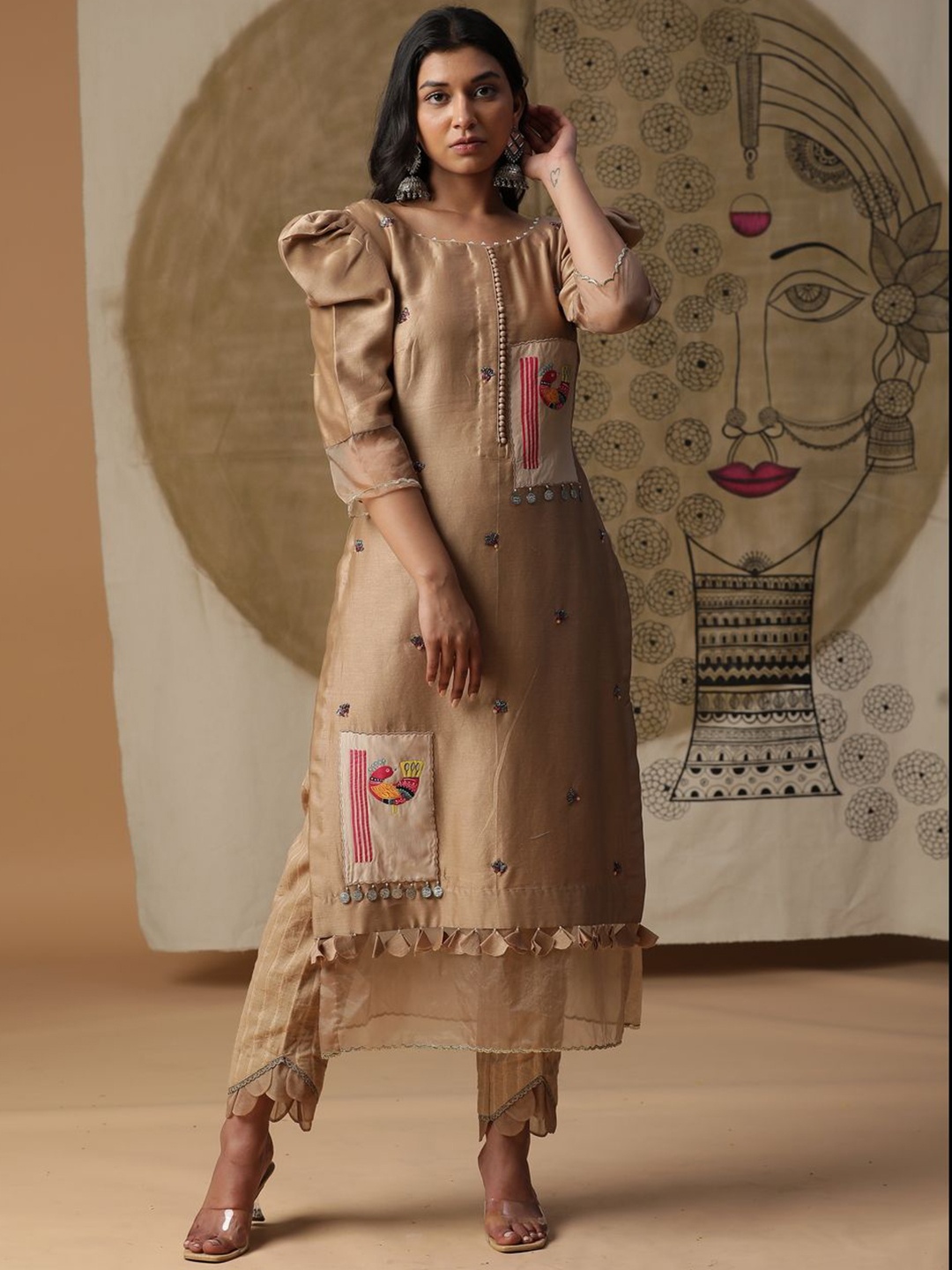 

ARPITA SULAKSHANA Ethnic Motifs Embroidered Chanderi Silk Straight Kurta & Trousers, Tan