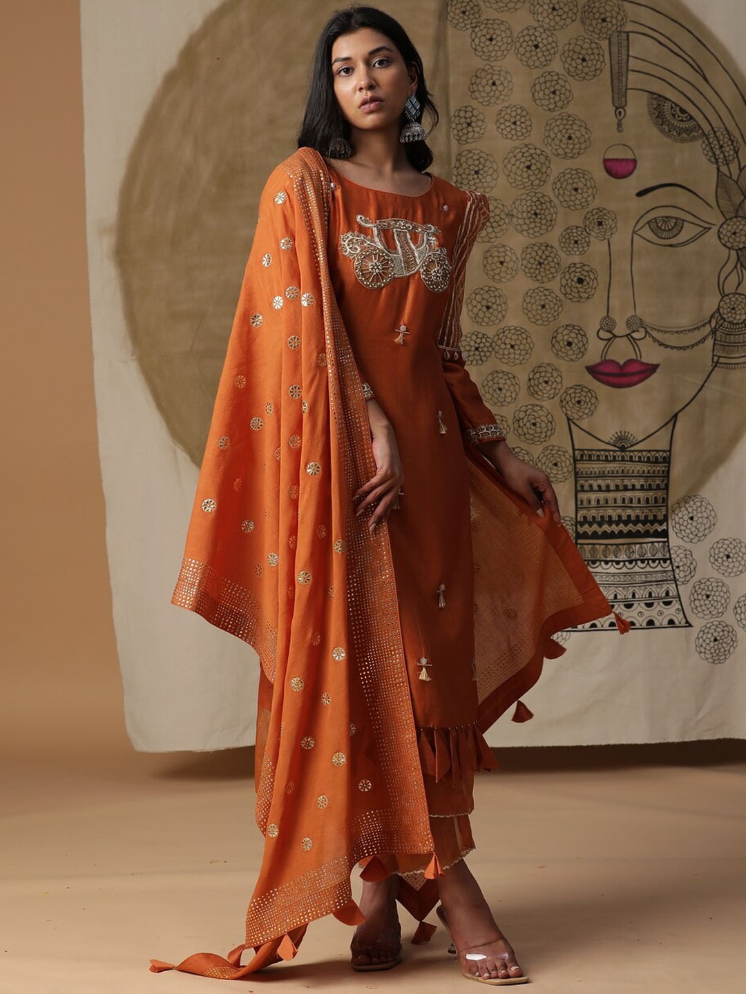 

ARPITA SULAKSHANA Ethnic Embroidered Round Neck Straight Kurta with Trousers & Dupatta, Orange