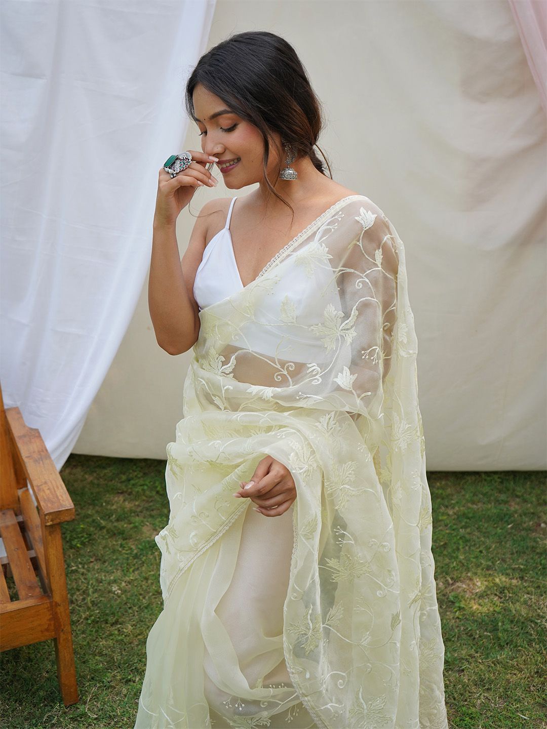

Ishin Floral Embroidered Organza Saree, Yellow