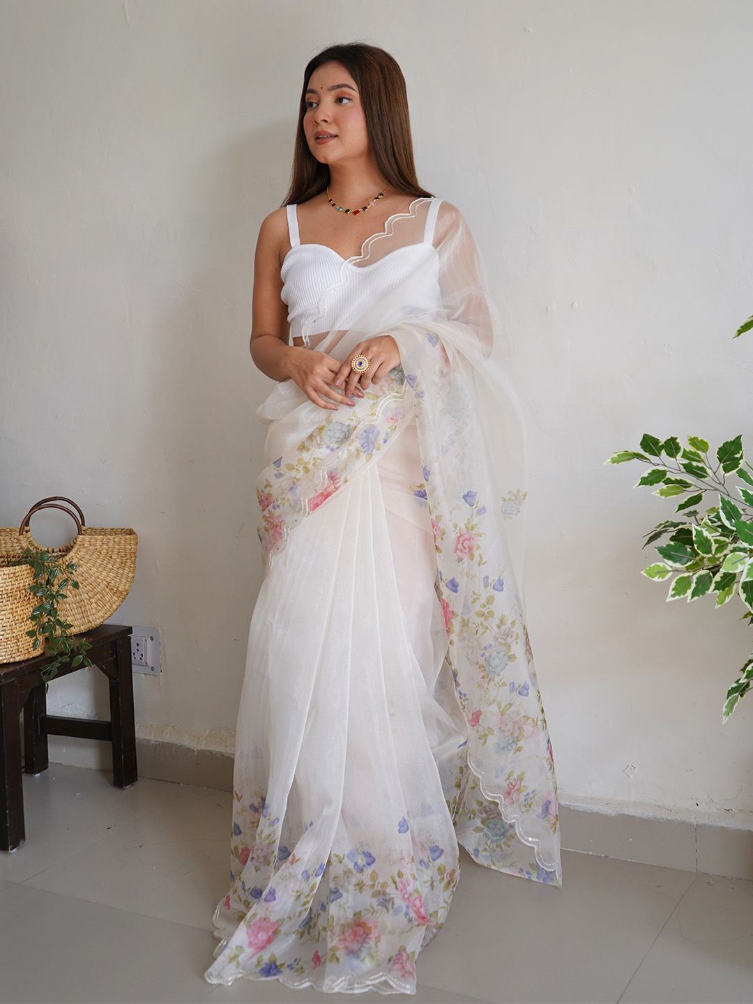 

Ishin Floral Embroidered Organza Saree, White