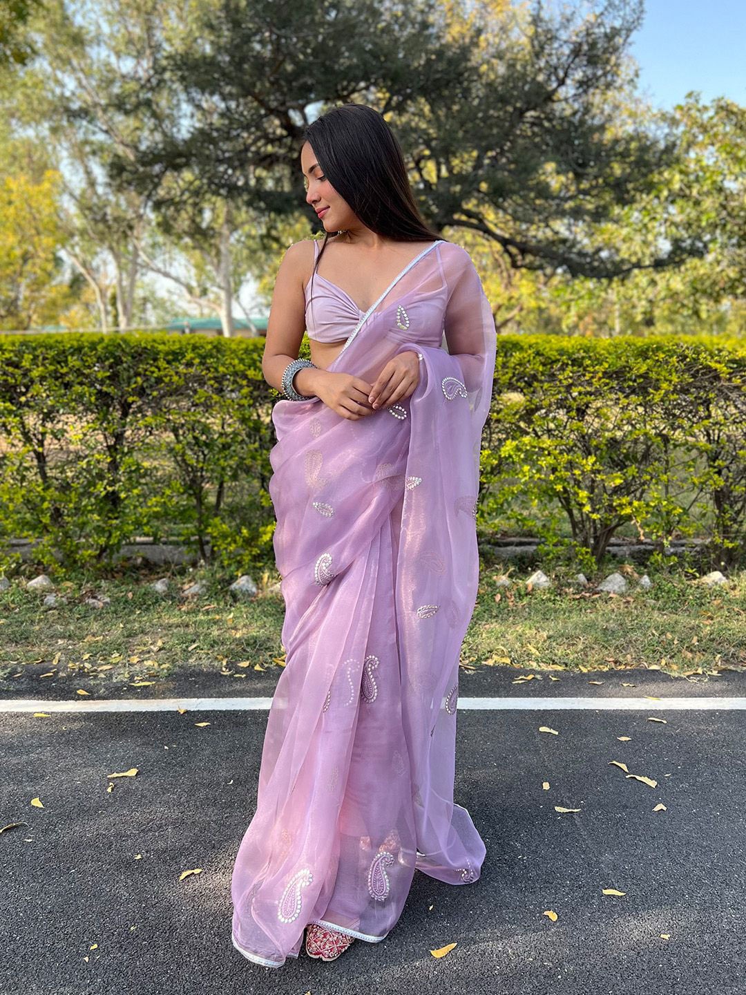 

Ishin Paisley Beads and Stones Organza Saree, Purple