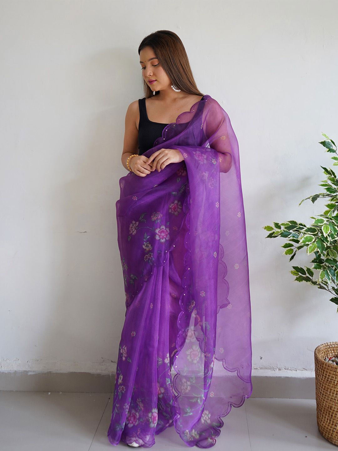 

Ishin Floral Sequinned Organza Saree, Purple