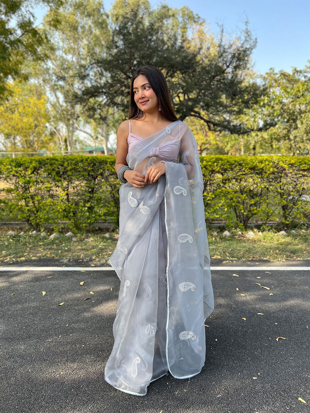 

Ishin Paisley Mirror Work Organza Saree, Grey