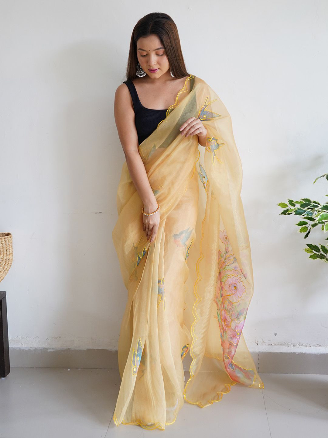 

Ishin Floral Embroidered Organza Saree, Yellow
