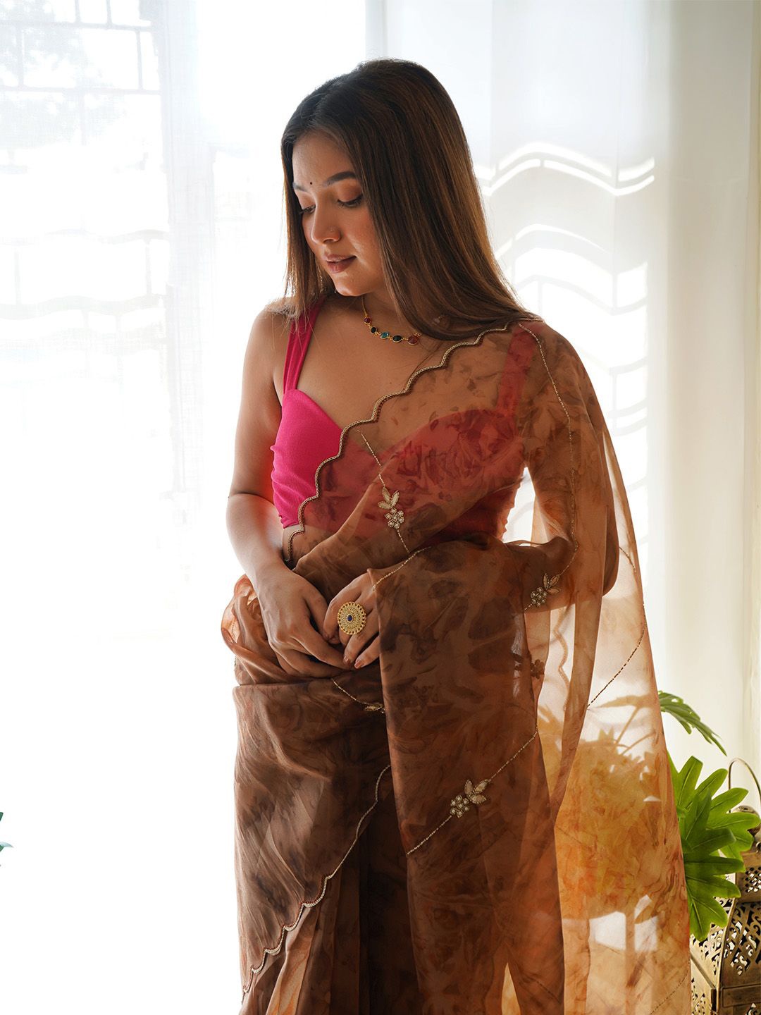 

Ishin Floral Embroidered Organza Saree, Yellow