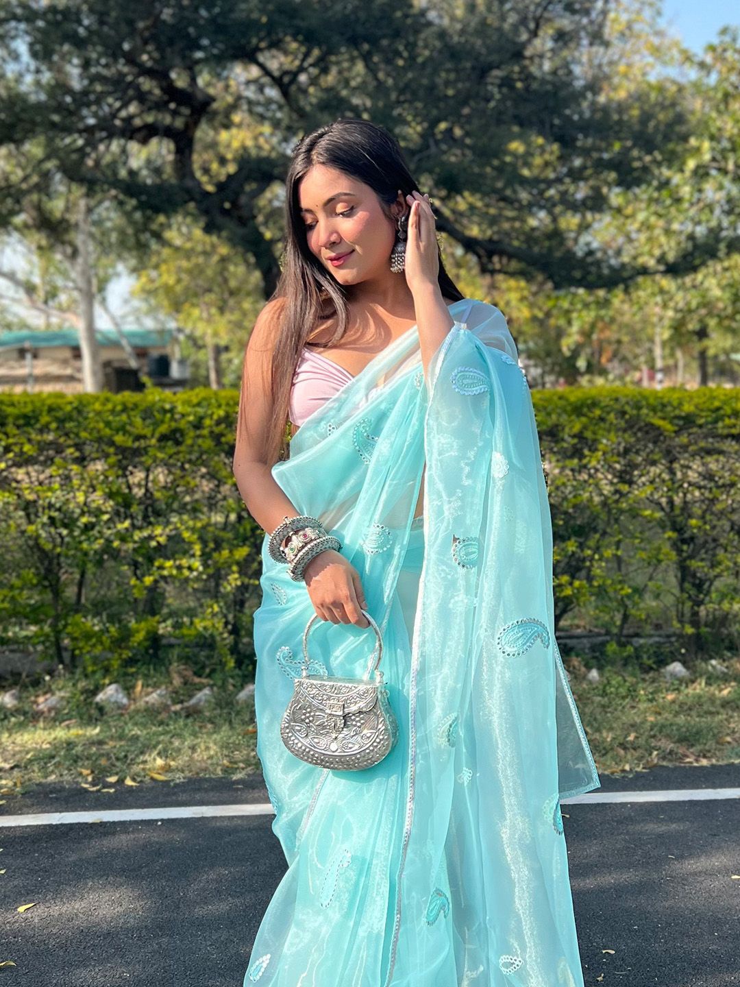 

Ishin Paisley Embroidered Organza Saree, Blue