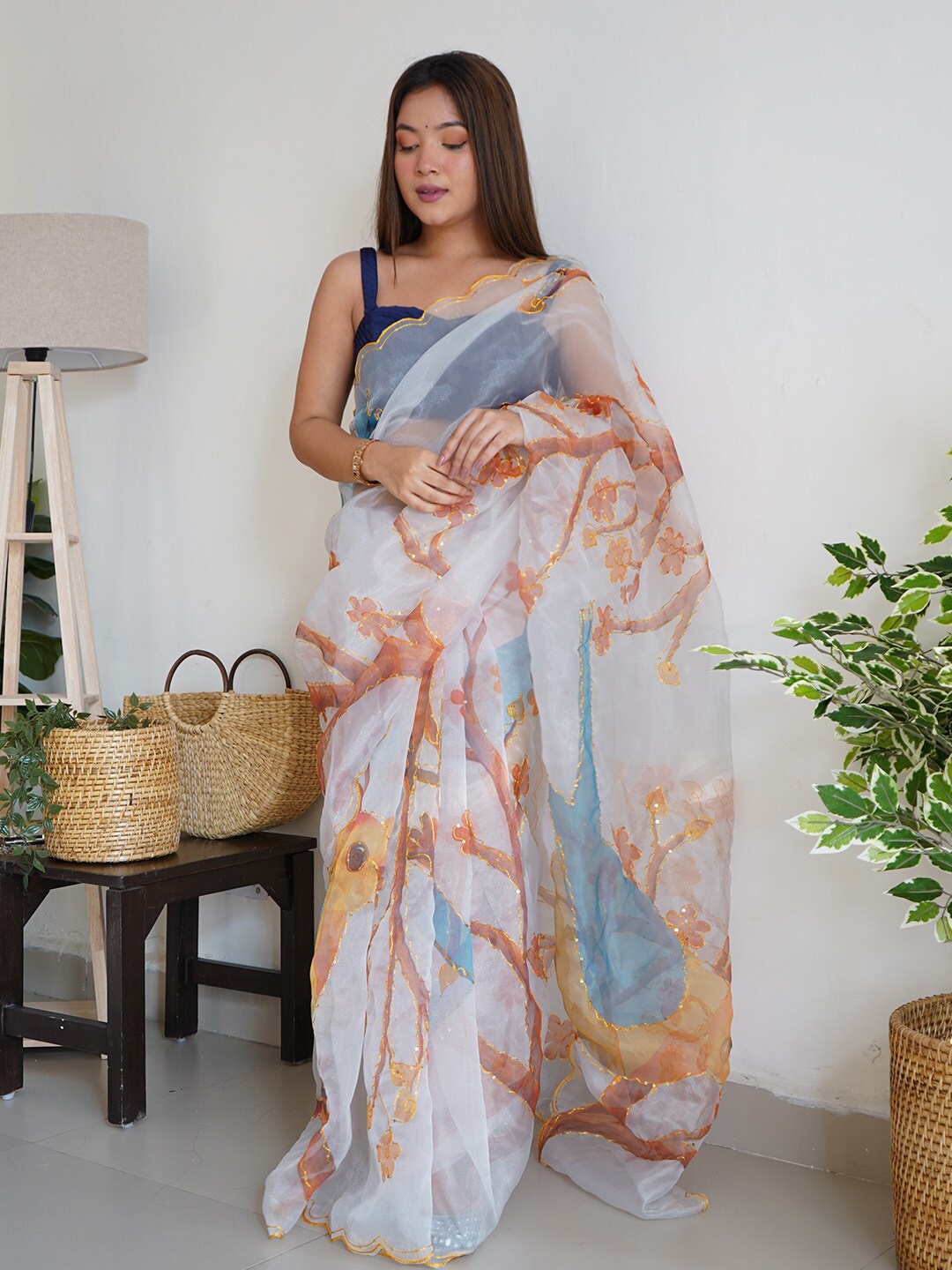 

Ishin Floral Sequinned Organza Saree, White