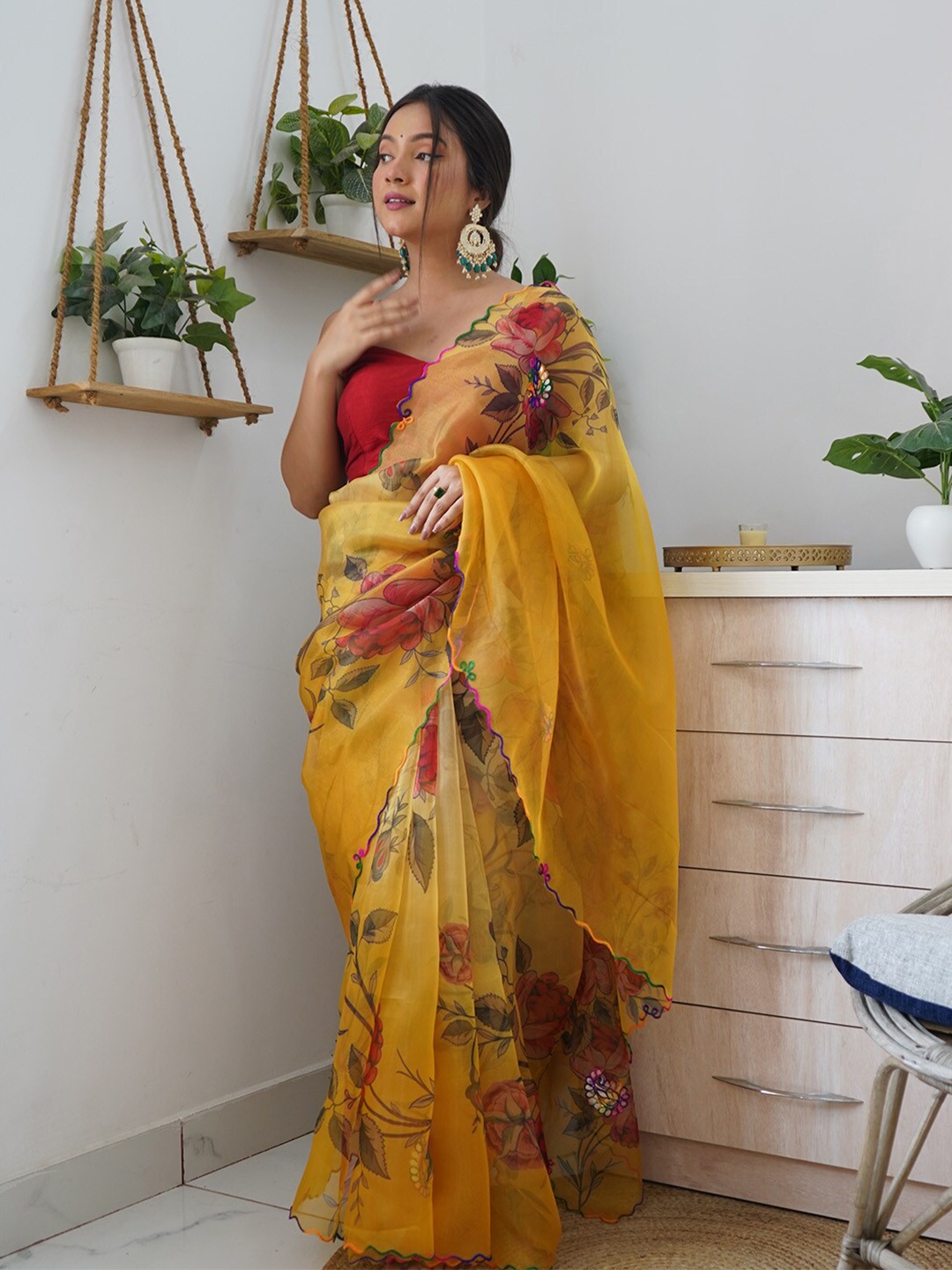 

Ishin Floral Mirror Work Organza Saree, Yellow