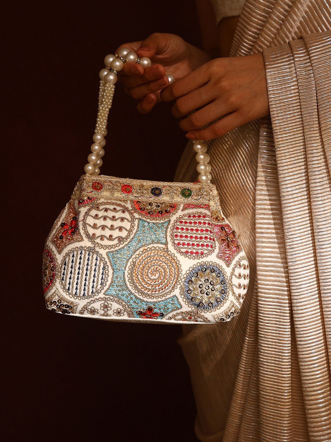 Priyaasi Embellished Potli Clutch, Off white