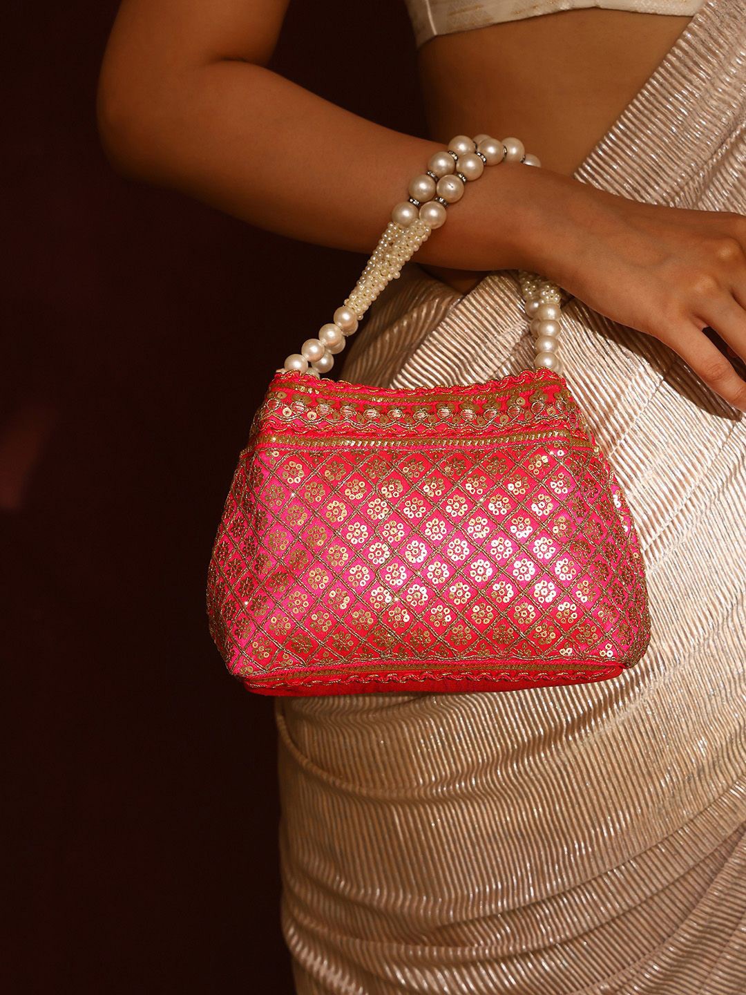 

Priyaasi Embellished Potli Clutch, Pink