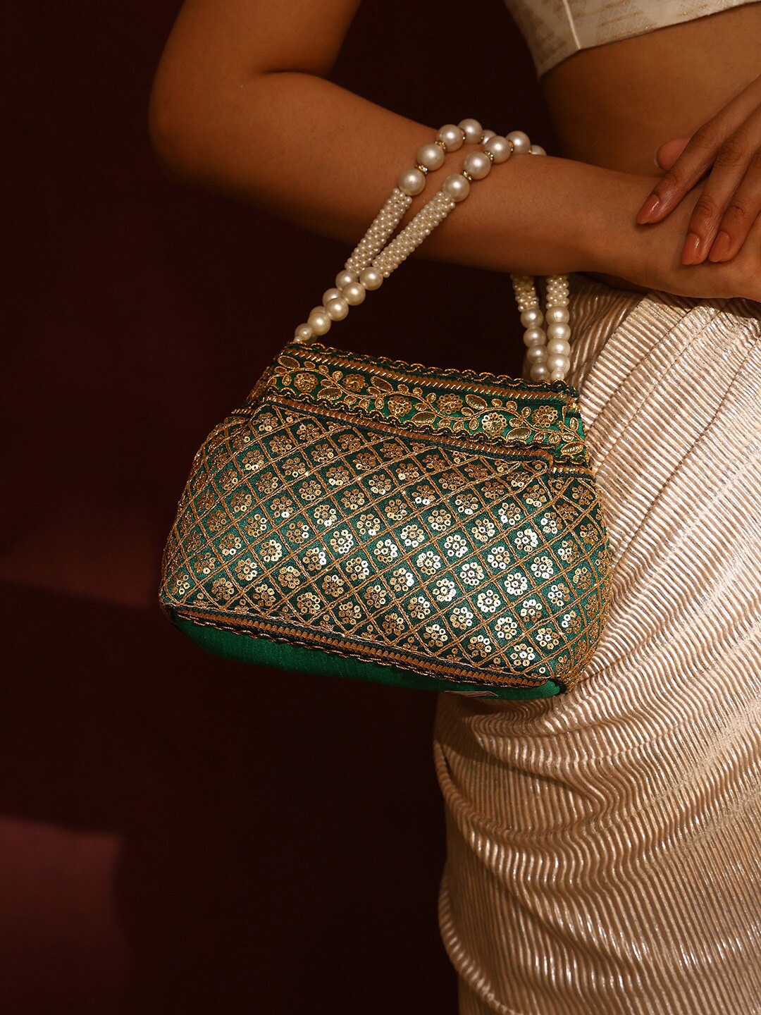 

Priyaasi Embellished Potli Clutch, Green