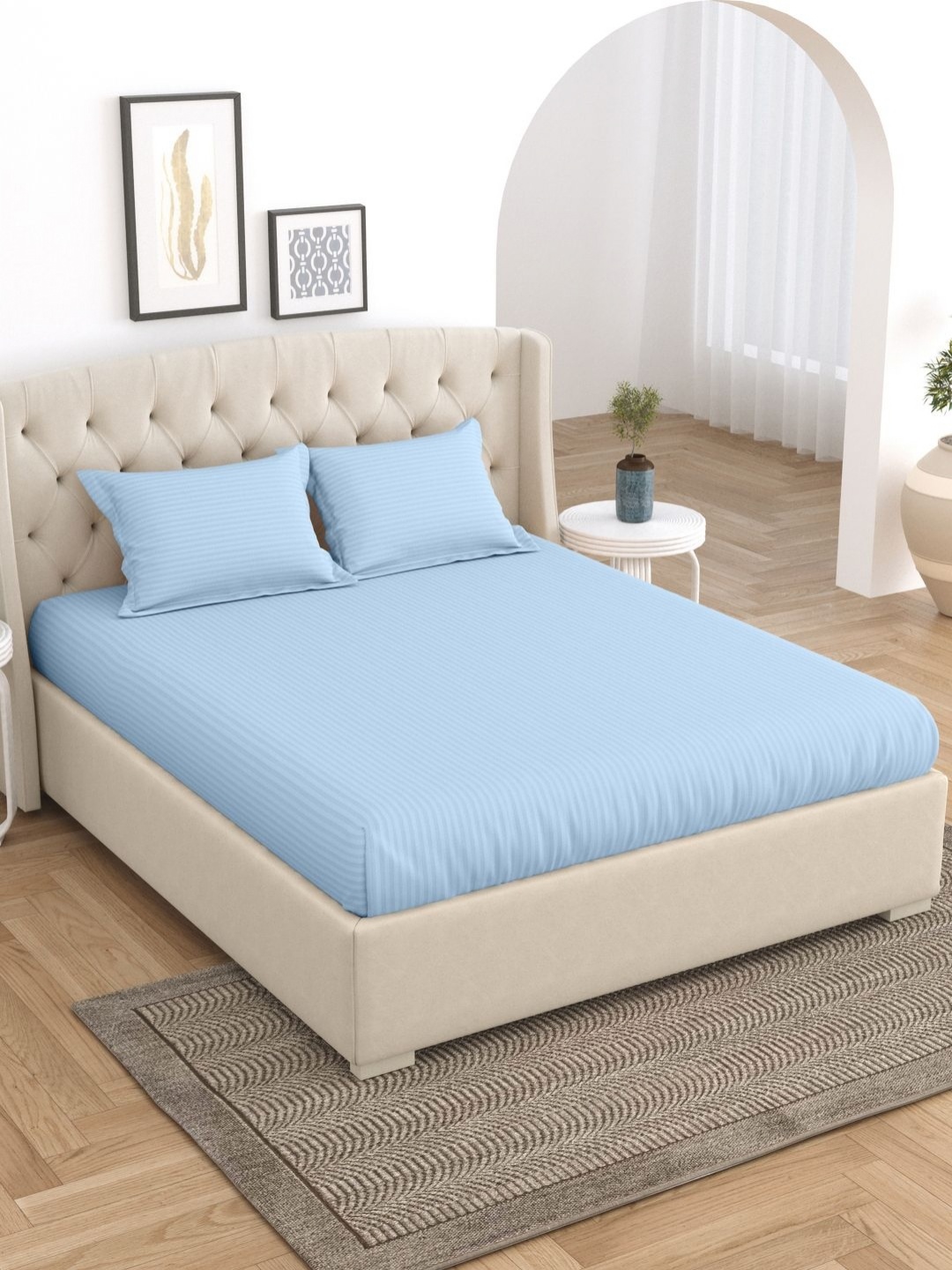 

Home Fresh Blue Striped Cotton 210 TC King Bedsheet With 2 Pillow Covers