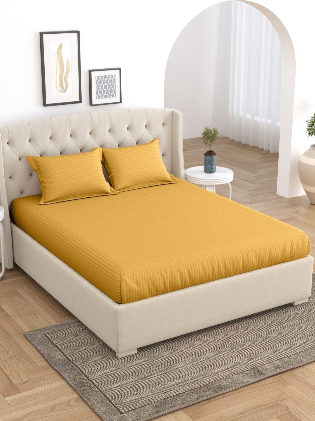 

Home Fresh Gold-Toned Striped Cotton 210 TC King Bedsheet With 2 Pillow Covers