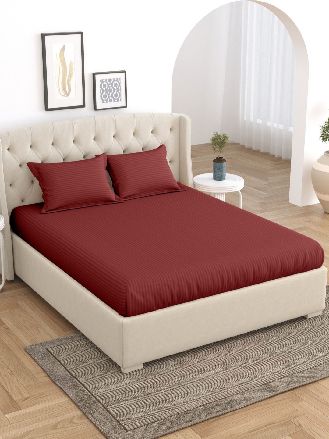 

Home Fresh Maroon Striped Cotton 210 TC King Bedsheet With 2 Pillow Covers