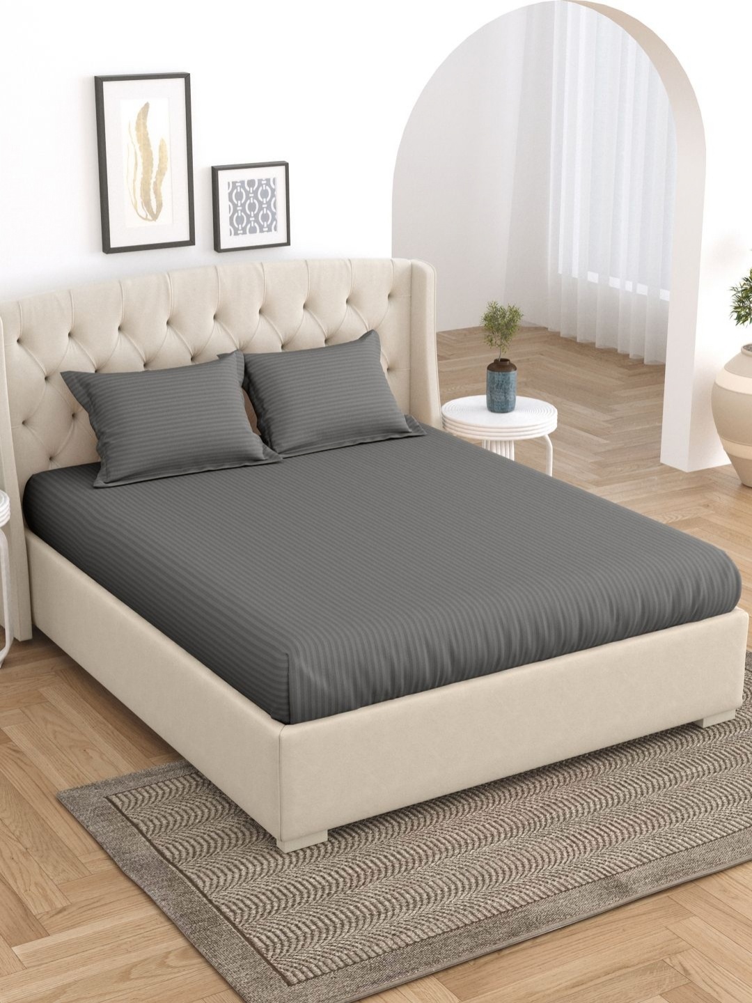 

Home Fresh Grey Striped Cotton 210 TC King Bedsheet With 2 Pillow Covers