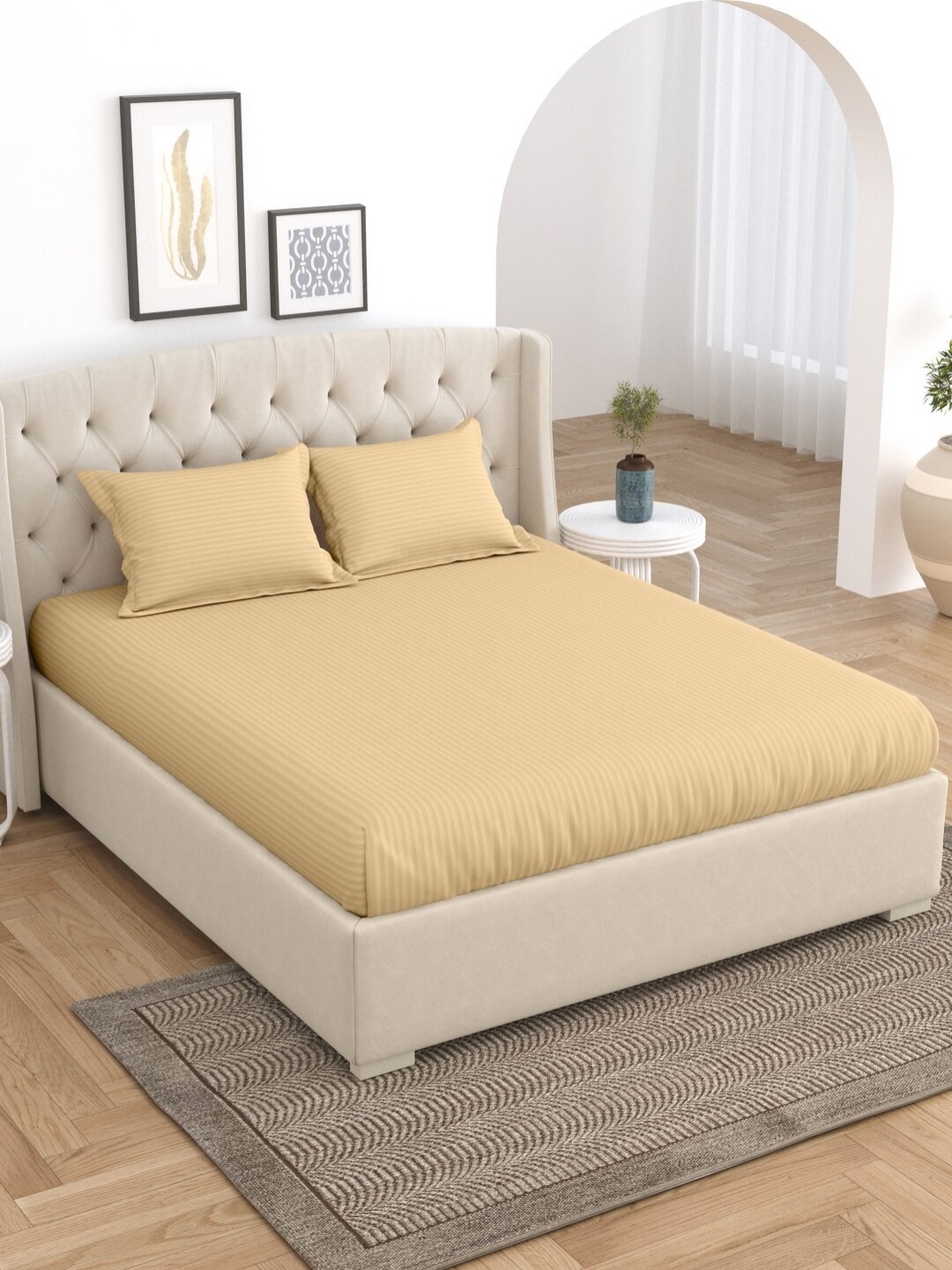 

Home Fresh Beige Striped Cotton 210 TC King Bedsheet With 2 Pillow Covers