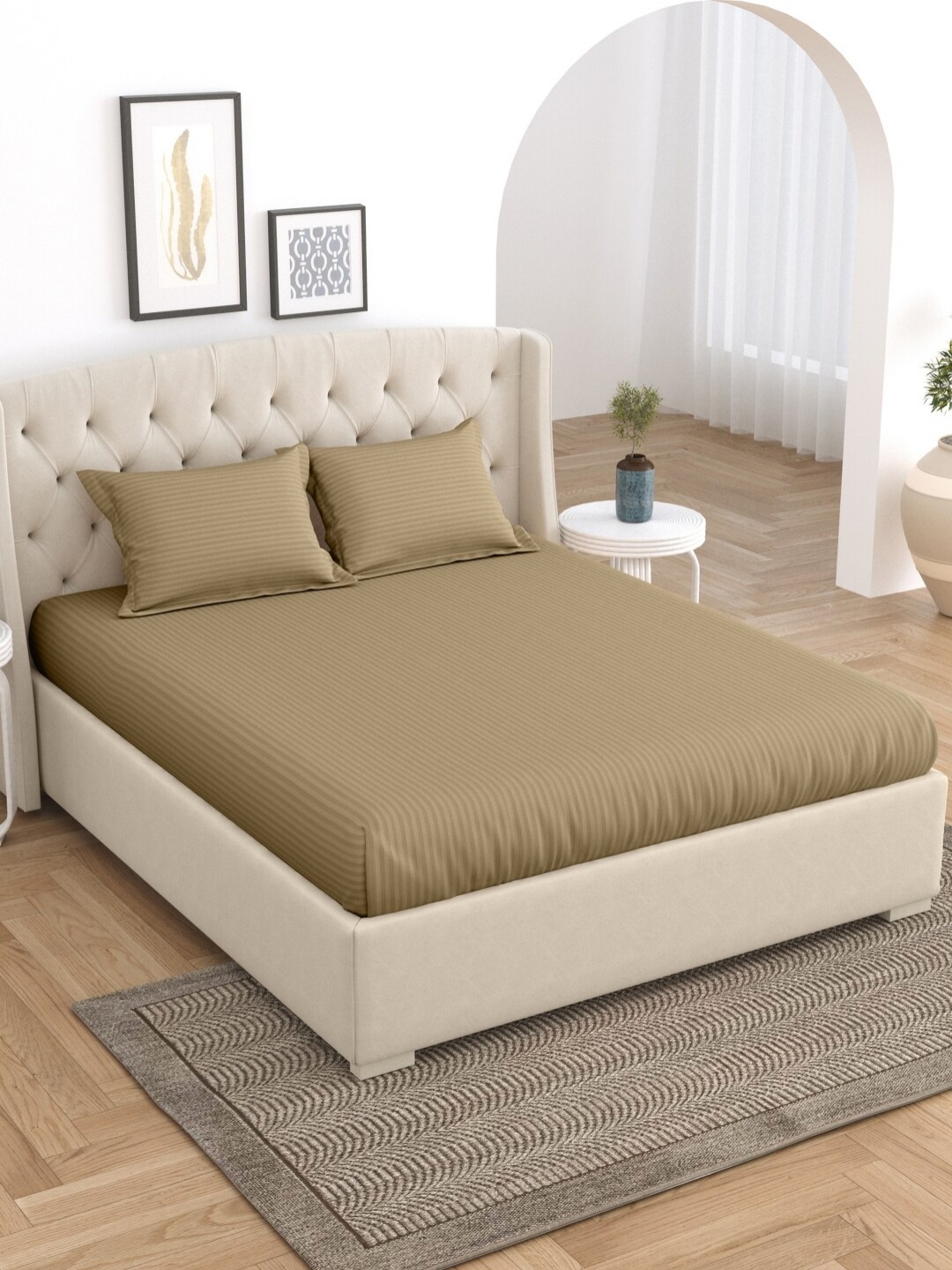 

Home Fresh Beige Striped Cotton 210 TC King Bedsheet With 2 Pillow Covers