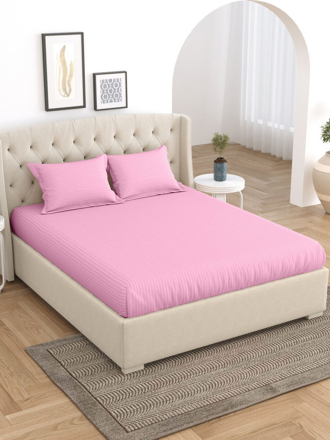 

Home Fresh Pink Striped Cotton 210 TC King Bedsheet With 2 Pillow Covers