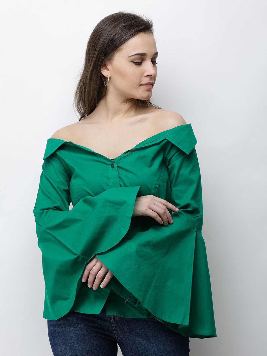 

BAESD Cotton Bell Sleeves Shirt Style Top, Green
