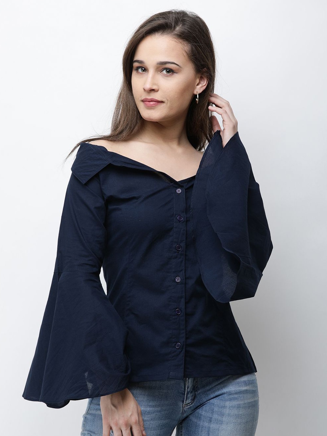 

BAESD Cotton Bell Sleeves Shirt Style Top, Navy blue