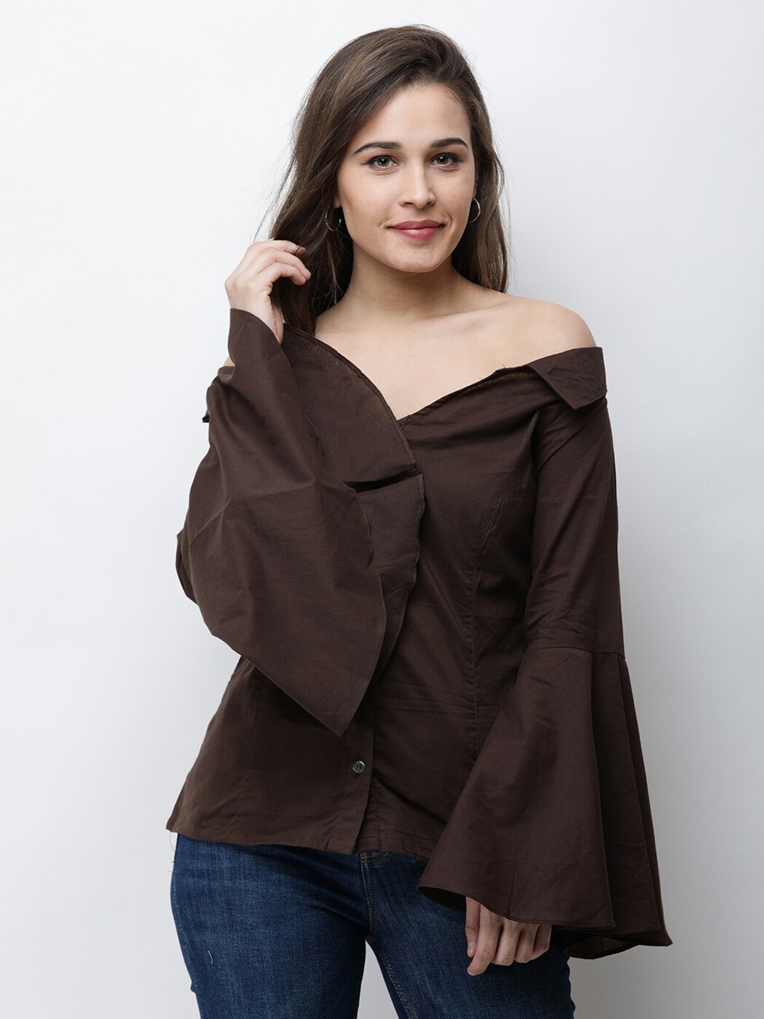 

BAESD Cotton Bell Sleeves Shirt Style Top, Brown