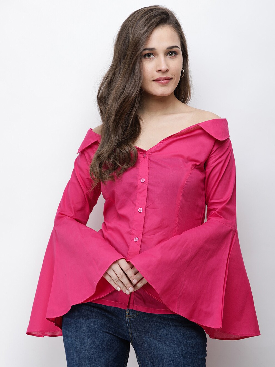 

BAESD Cotton Bell Sleeves Shirt Style Top, Magenta