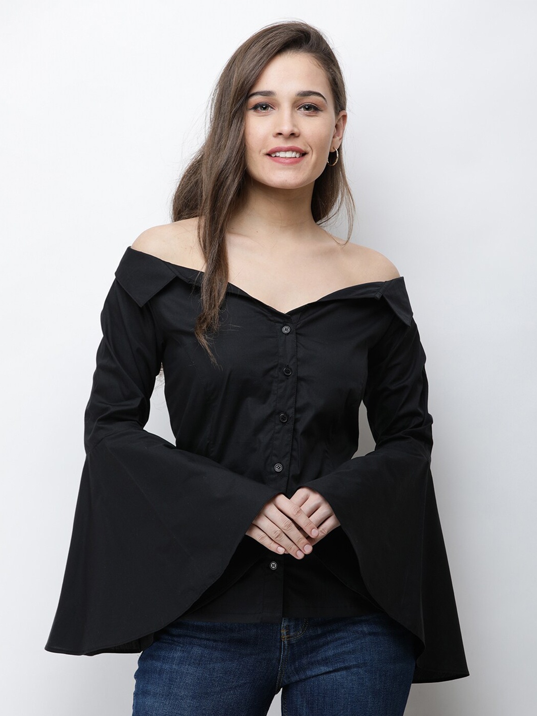 

BAESD Cotton Bell Sleeves Shirt Style Top, Black