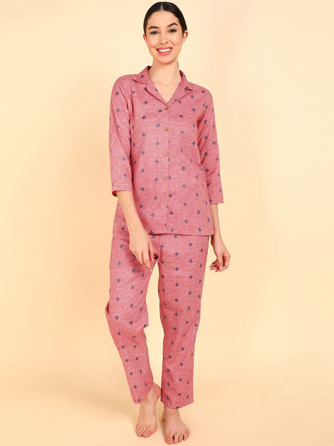 

KALINI Geometric Printed Lapel Collar Pure Cotton Shirt With Pyjamas, Rose gold