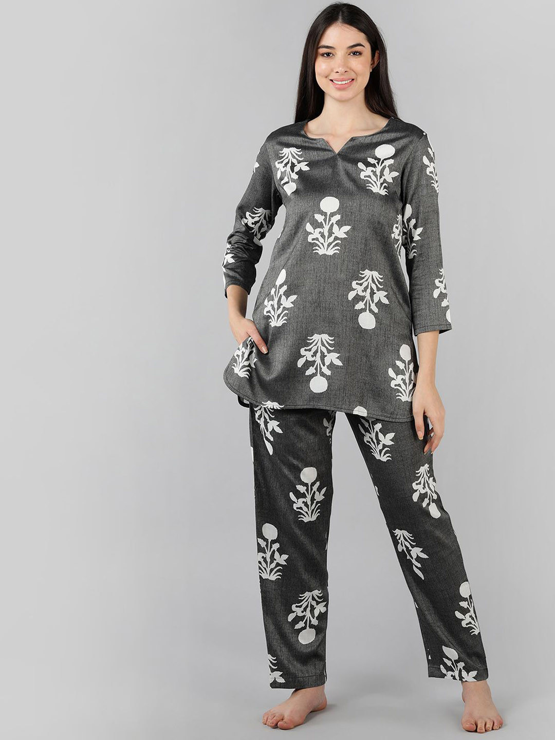 

KALINI Floral Printed Shirt With Pyjamas, Grey