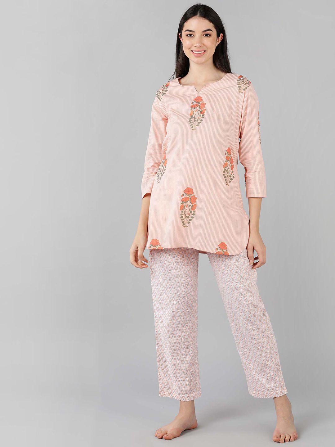 

KALINI Floral Printed Pure Cotton Kurti With Pyjamas, Peach