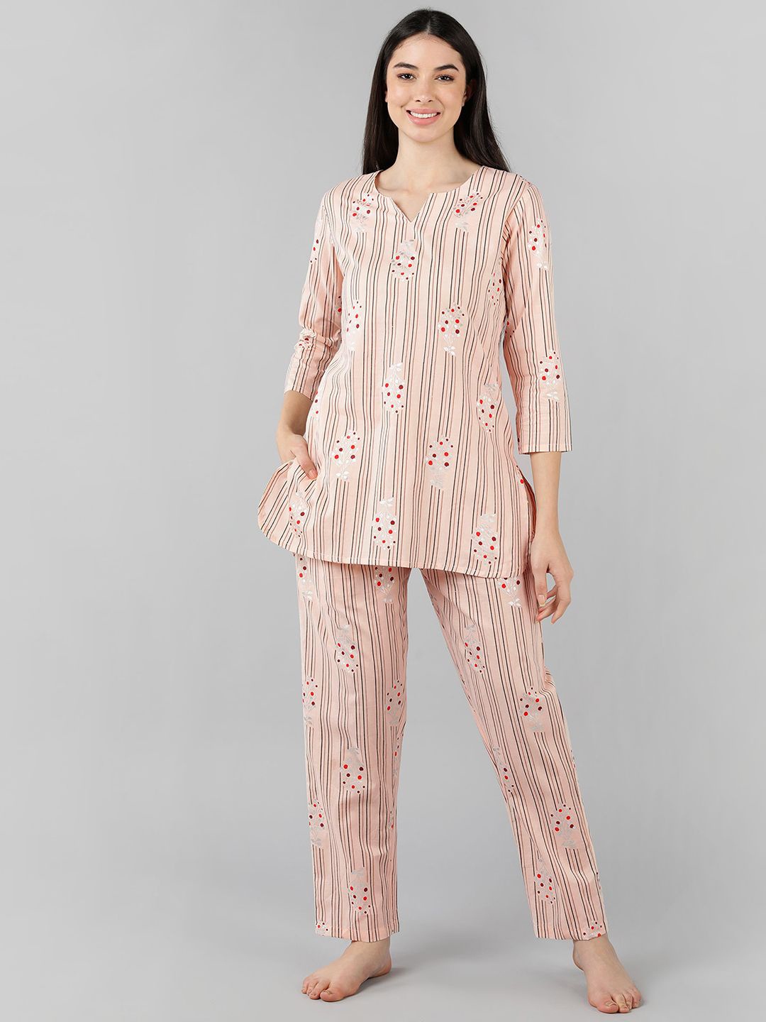 

KALINI Striped Pure Cotton Night suit, Peach