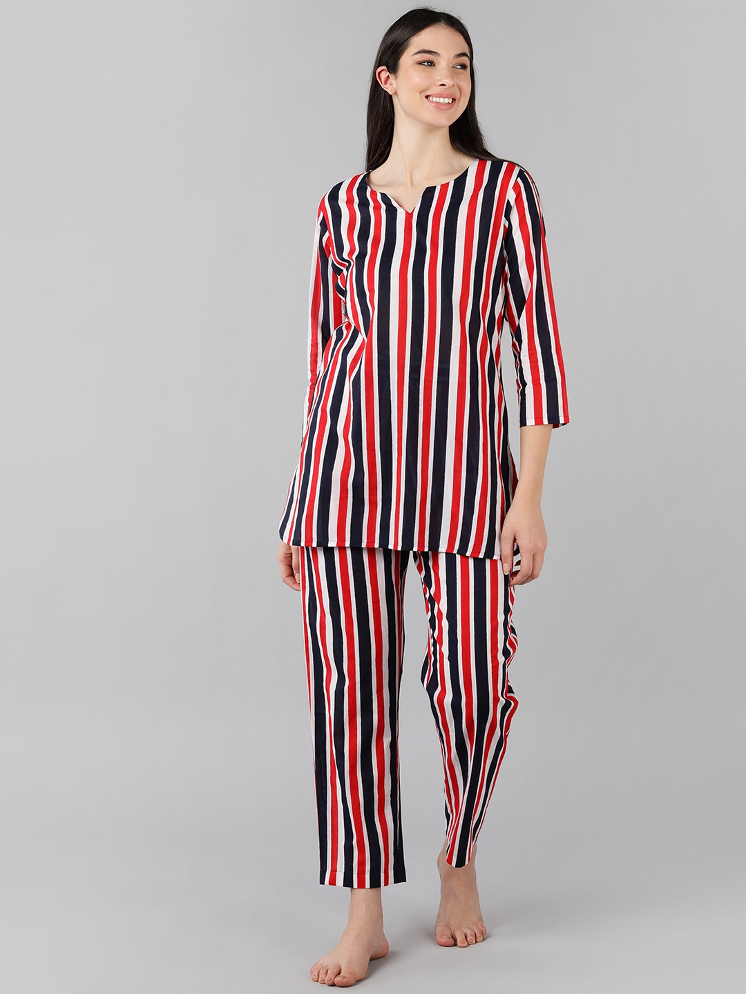 

KALINI Striped Pure Cotton Night suit, Red