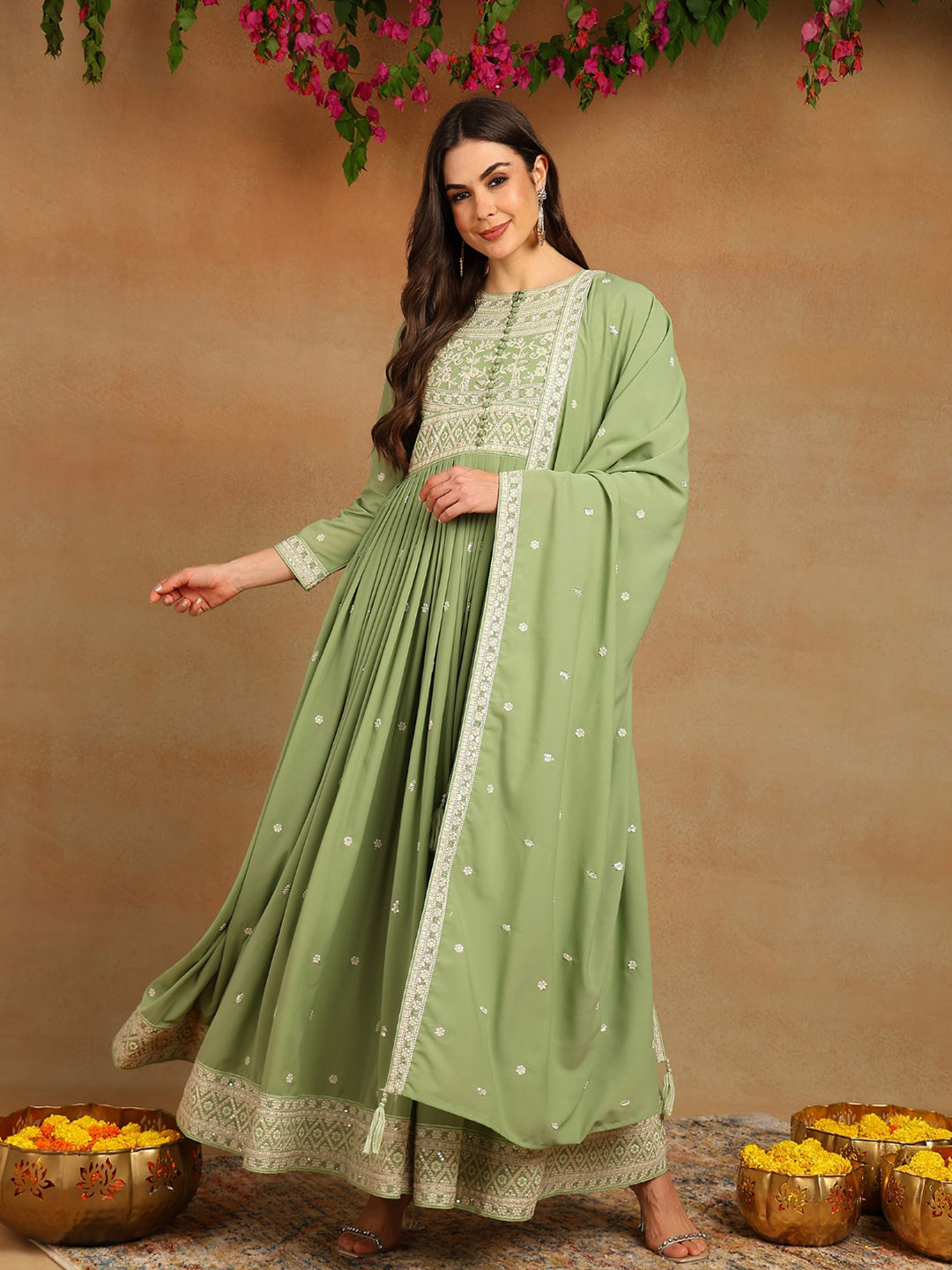 

KALINI Ethnic Motifs Embroidered Thread Work Pleated Georgette Anarkali Kurta With Dupatta, Green