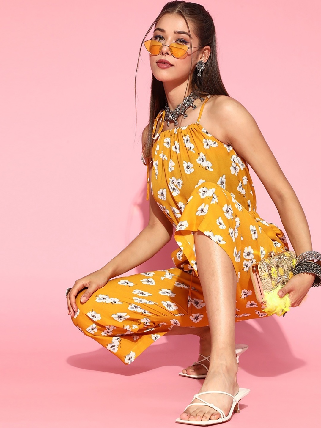 

KALINI Printed Shoulder Straps Basic Jumpsuit, Mustard