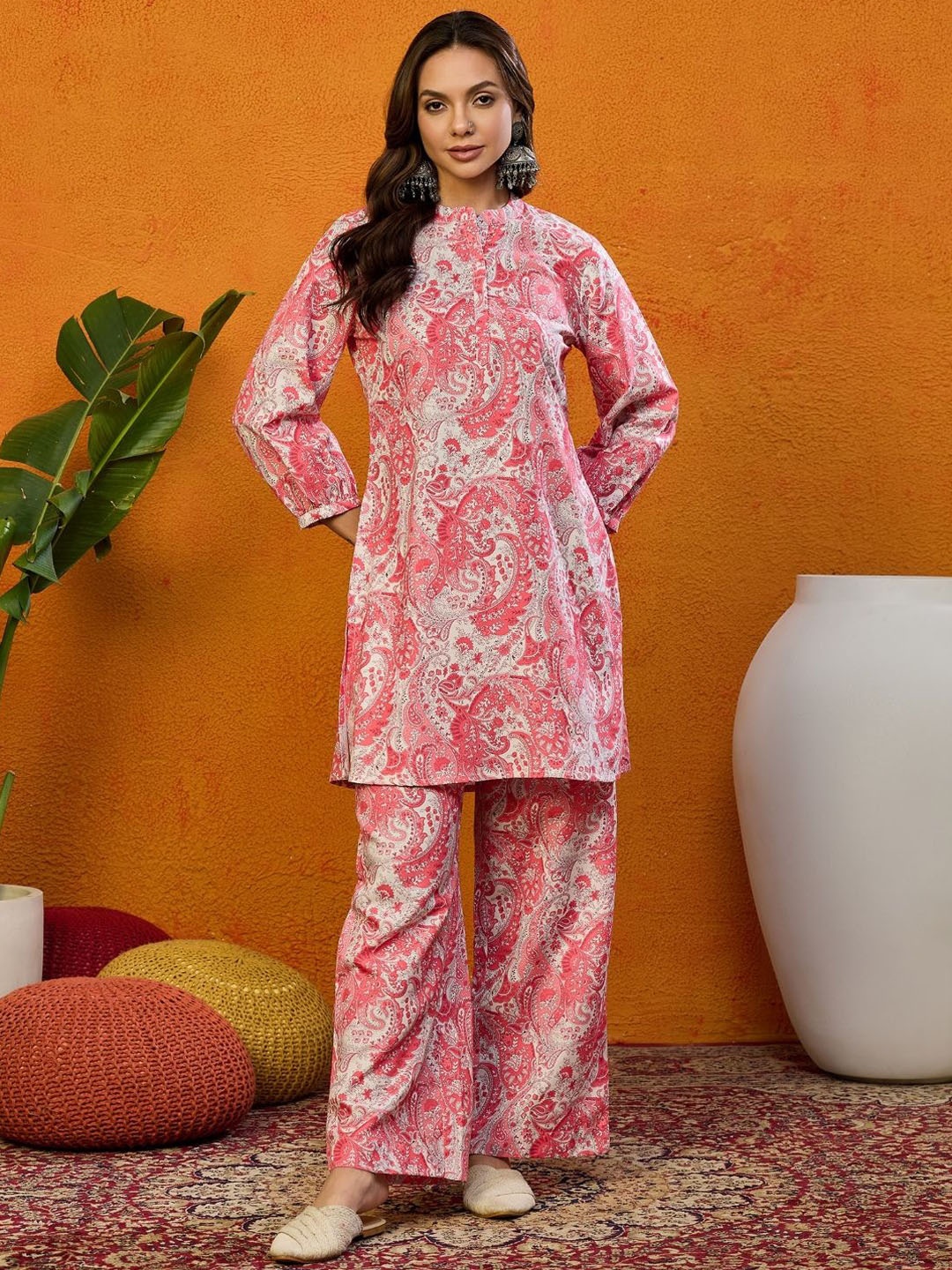 

KALINI Paisley Printed Mandarin Collar Cuffed Sleeves Casual Straight Tunic With Palazzos, Pink