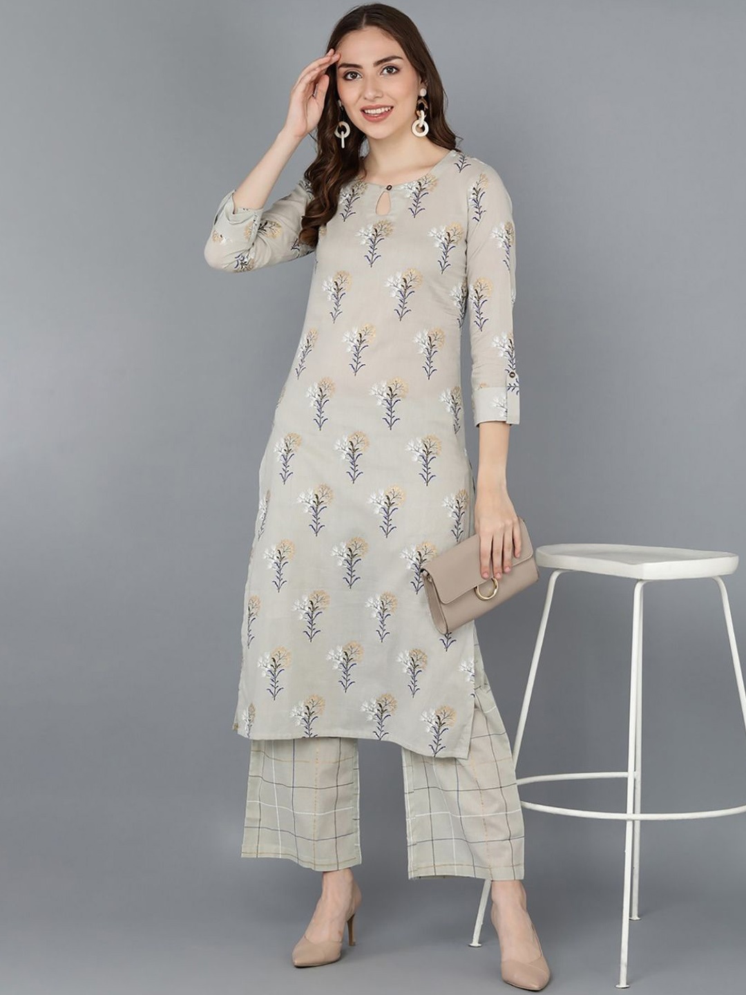 

KALINI Floral Printed Keyhole Neck Regular Pure Cotton Kurta with Palazzos, Beige