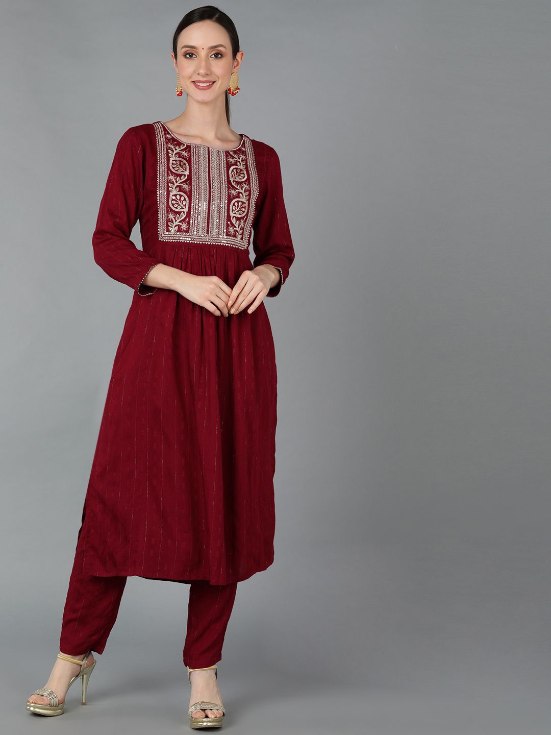 

KALINI Ethnic Motifs Yoke Design Pleated Sequinned Kurta with Trousers, Maroon