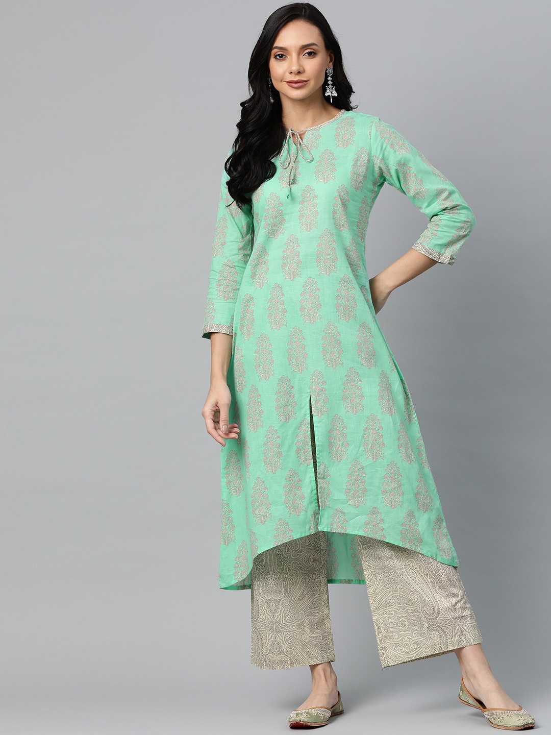 

KALINI Floral Printed Tie-Up Neck A-Line Pure Cotton Kurta with Palazzos, Sea green