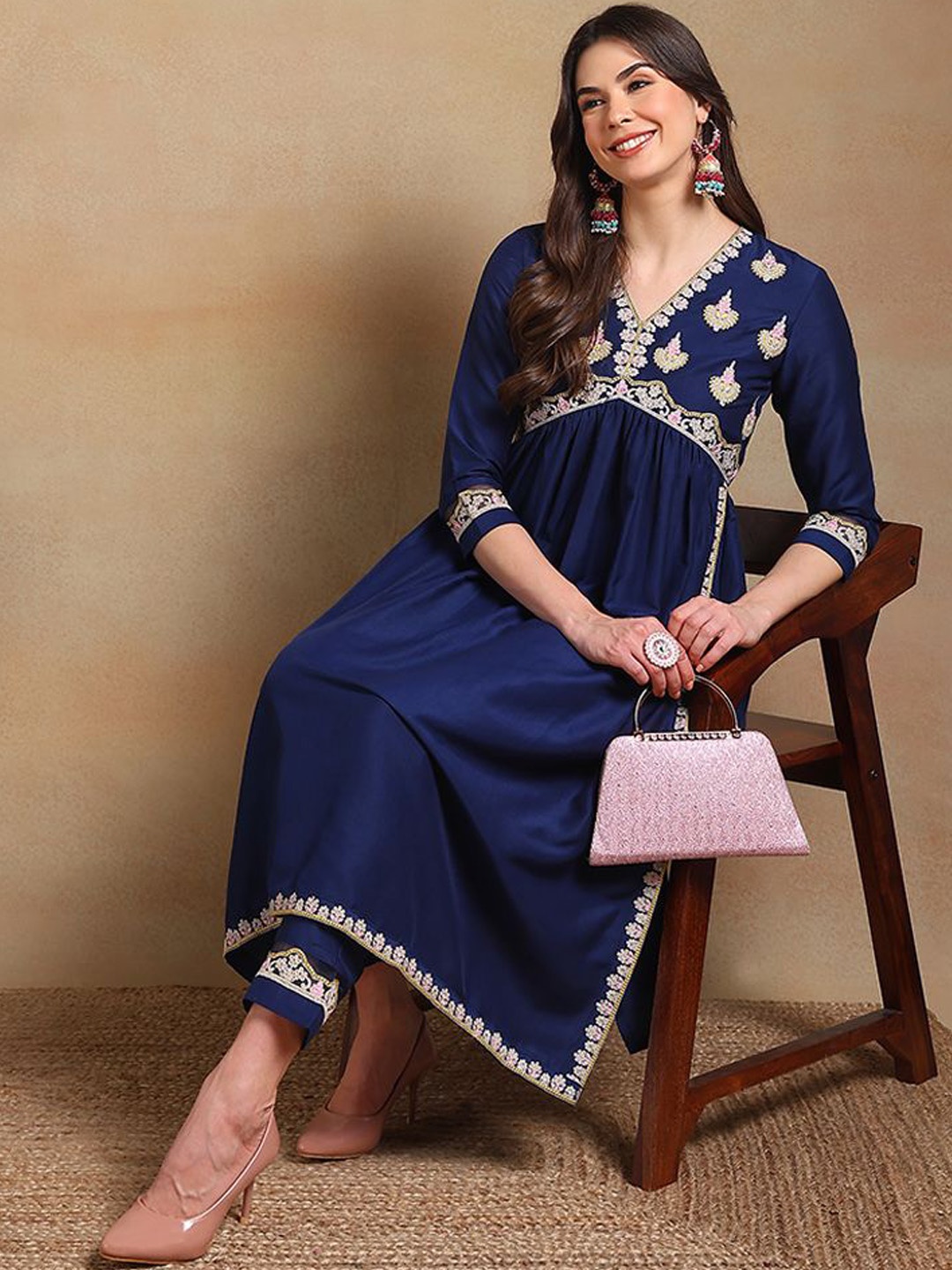 

KALINI Ethnic Motifs Embroidered V-Neck Thread Work A-Line Kurta with Trousers, Navy blue